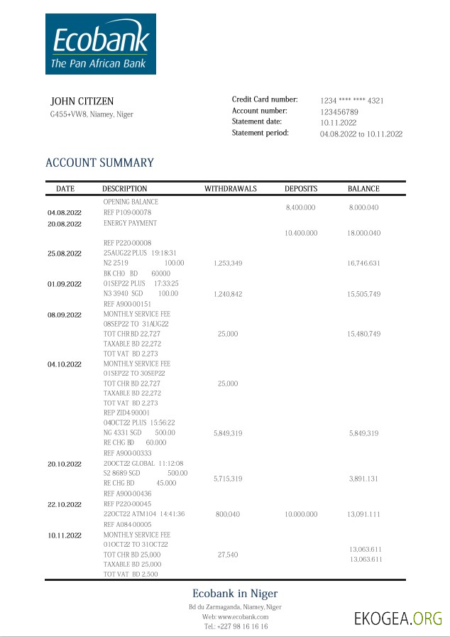 Relevé de la banque Ecobank du Niger